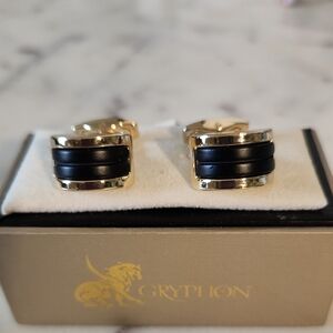 Gryphon | Unisex Black Leather and Goldtone Cufflinks 🔥